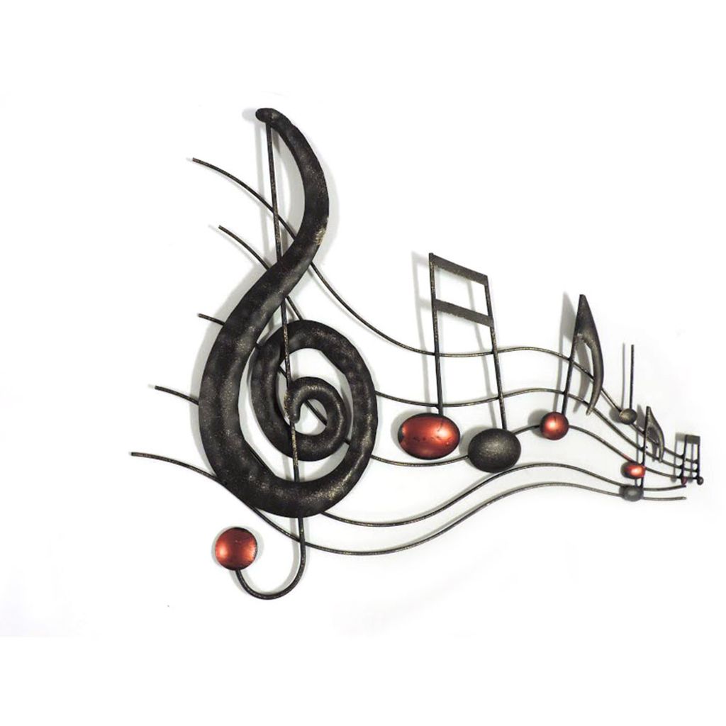 26 Inch Handmade Metal Wall Mount Accent Decor with Musical Notes and Treble Clef, Black, Red - View 3
