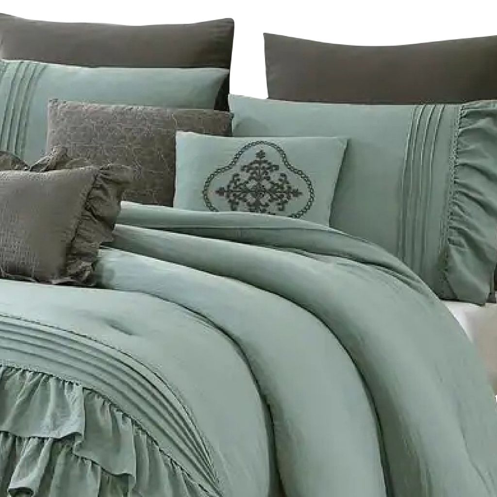 Tyler 8 Piece Ruffled King Size Comforter Set, The Urban Port, Green, Gray - View 2