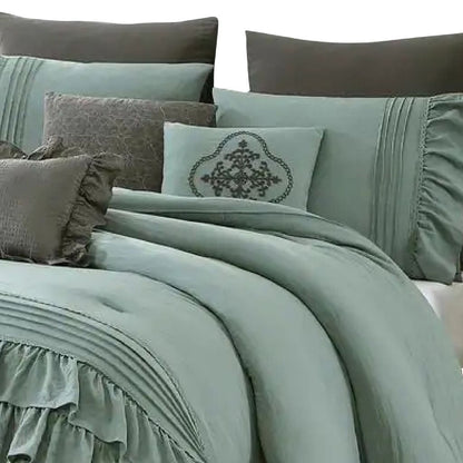 Tyler 8 Piece Ruffled King Size Comforter Set, The Urban Port, Green, Gray - View 2