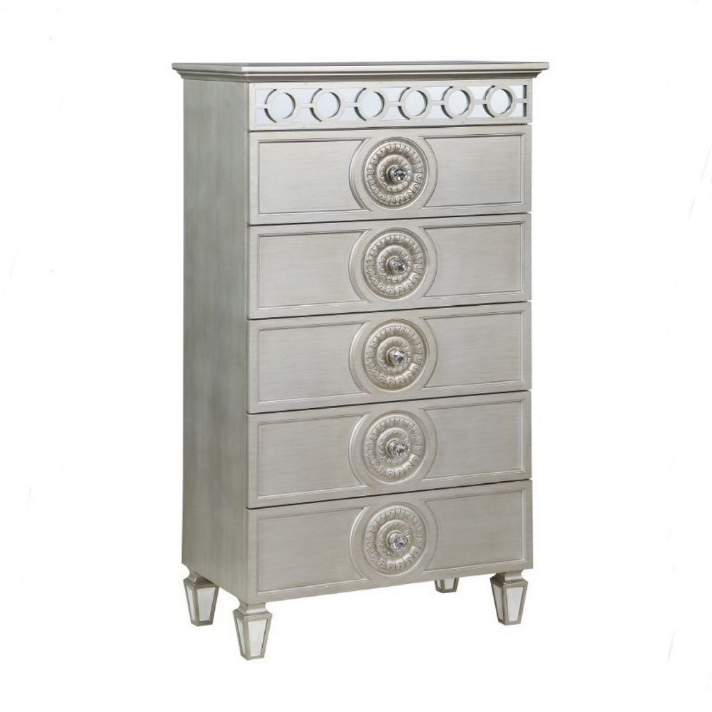 Nic 54 Inch Modern Tall Dresser Chest, 5 Drawers, Round Knobs, Silver