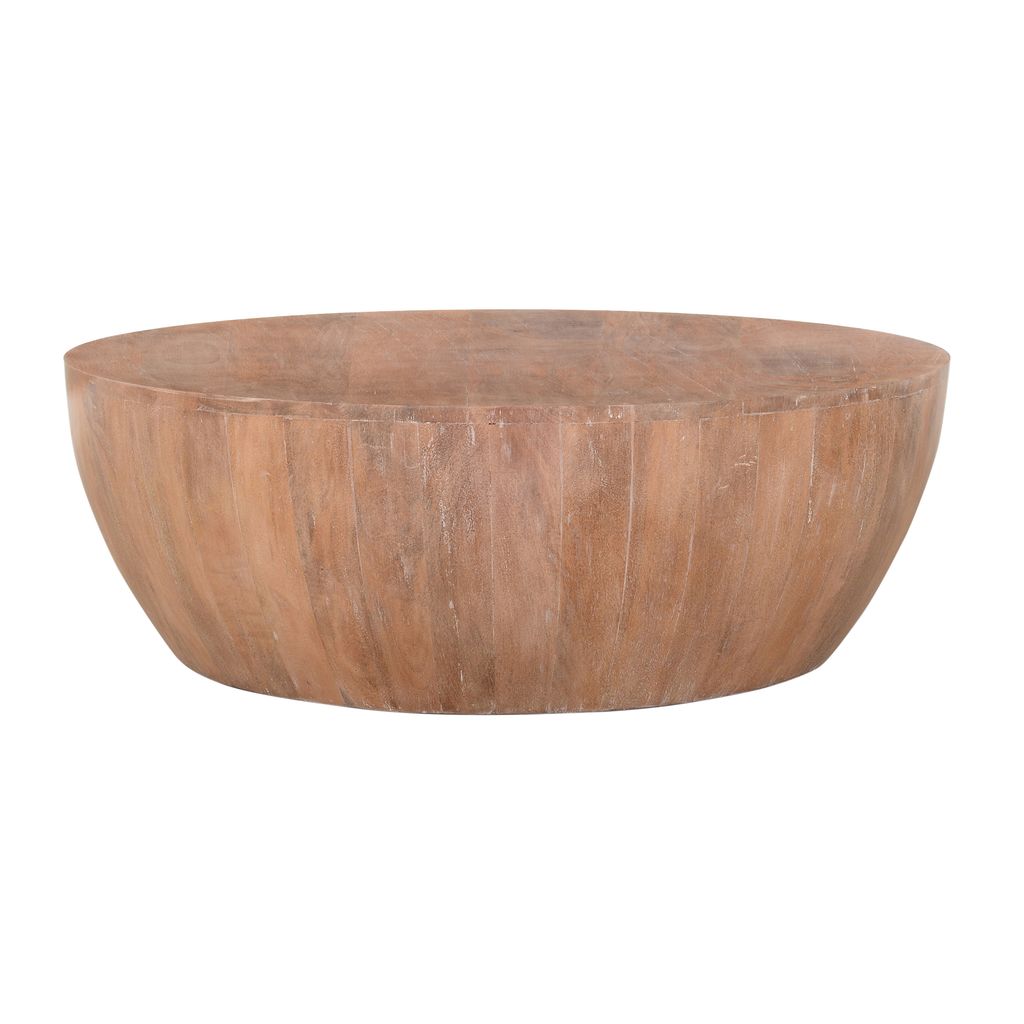 Arthur Drum Shape Wooden 35.5 Inch Coffee Table with Plank Design Base, Distressed Brown