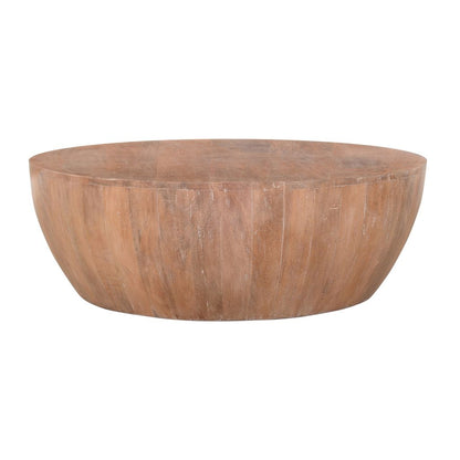 Arthur Drum Shape Wooden 35.5 Inch Coffee Table with Plank Design Base, Distressed Brown