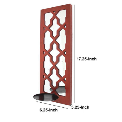 Quatrefoil Pattern Wooden Candle holder Set of 2 with Mirror Insert, Red - View 6