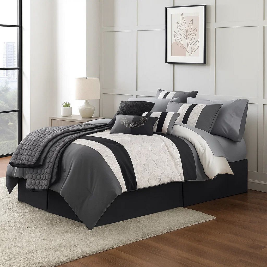 7 Piece Queen Cotton Comforter Set with Geometric Print, Gray and Black - View 7