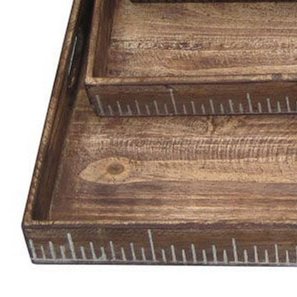 Rough Sawn Textured Rectangular Wooden Ruler Tray, Set of 3, Brown - View 2
