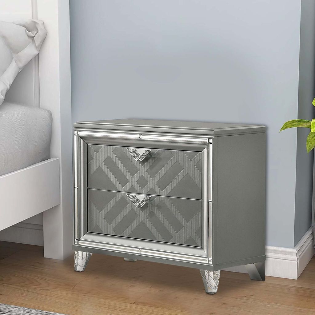Nightstand with Embossed Pattern and Acrylic Legs, Gray - View 7