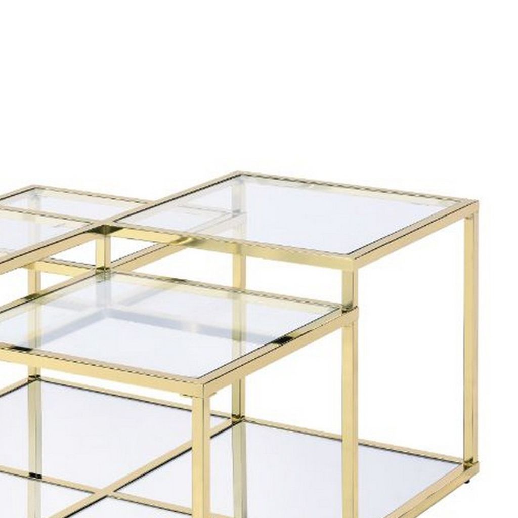 Coffee Table with Glass Top and Tubular Frame, Gold - View 4