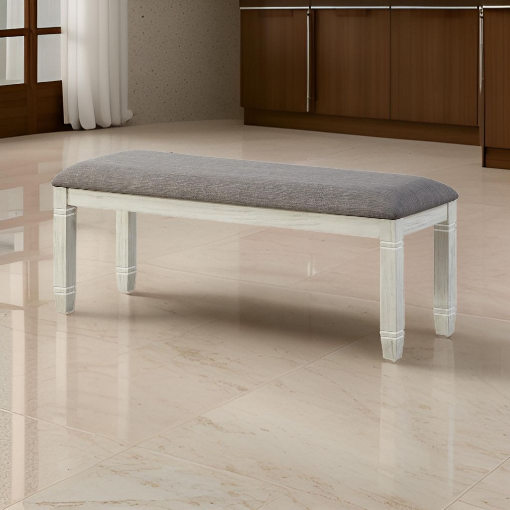 Fabric Upholstered Padded Bench with Tapered Feet, Antique White and Gray - View 7