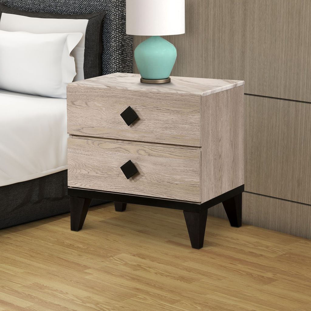 2 Drawer Wooden Nightstand with Grains and Angled Legs, Cream - View 7