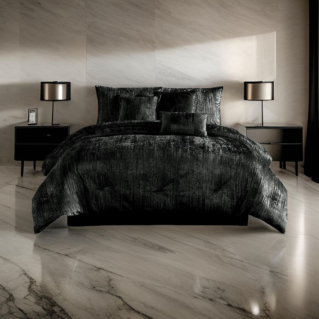 Jay 7 Piece King Comforter Set, Polyester Velvet, Deluxe Texture Black - View 7