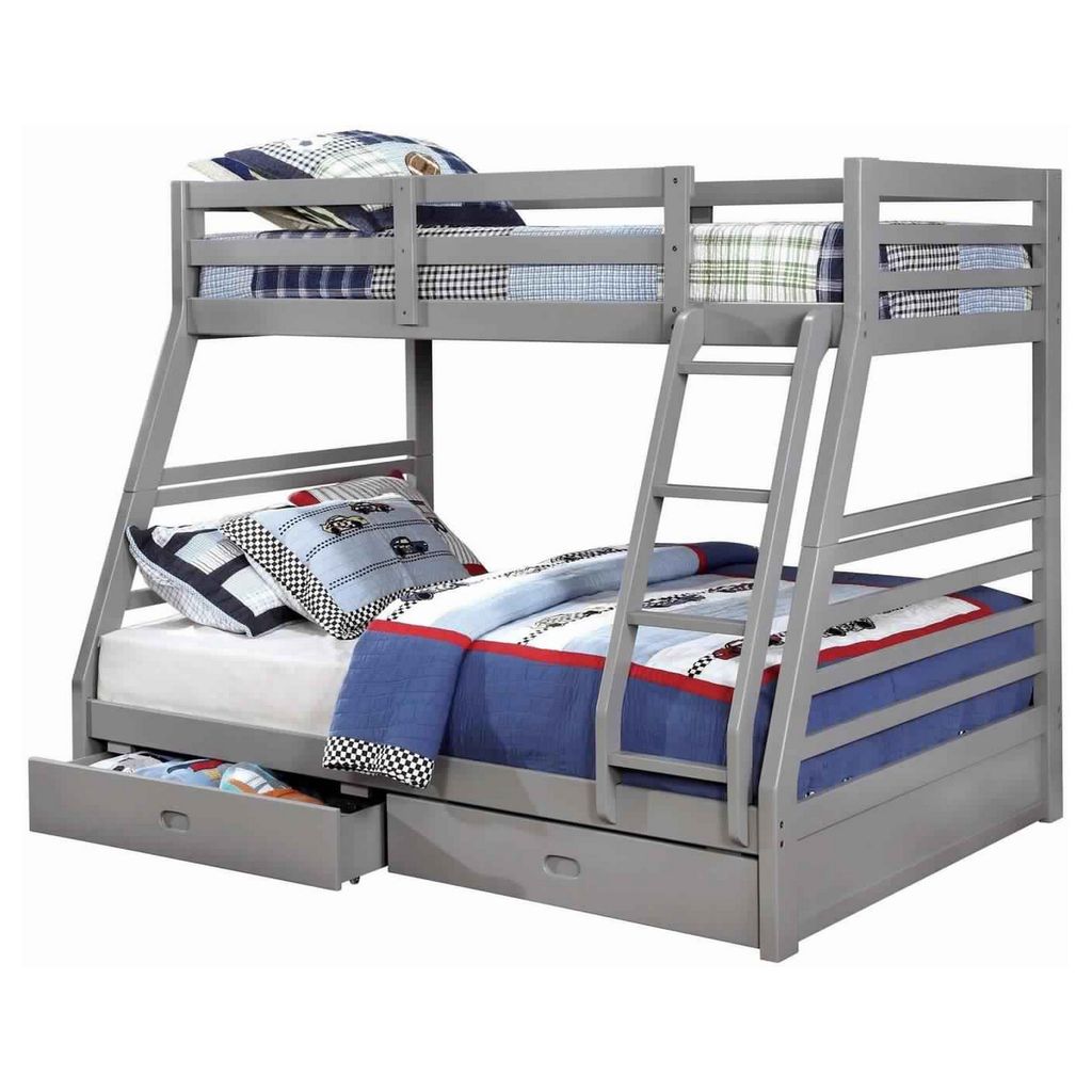 Transitional Twin Over Full Bed with Attached Ladder and Drawers, Dark Gray
