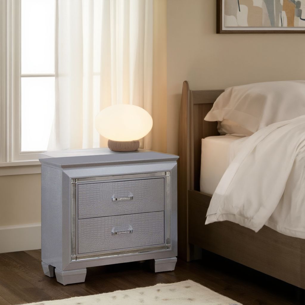 2 Drawer Wooden Nightstand with Embossed Textured Details, Gray - View 7