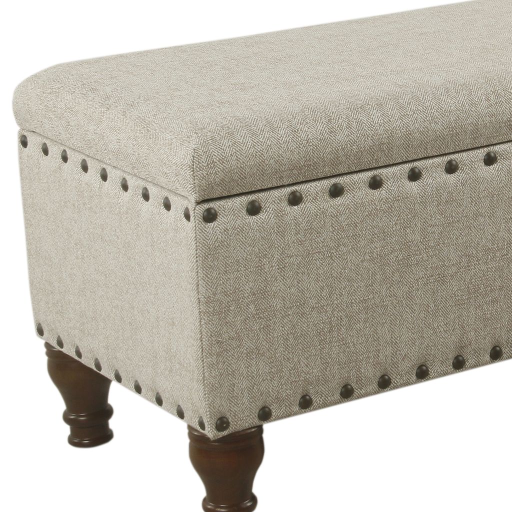 Textured Fabric Upholstered Wooden Storage Bench With Nail head Trim, Large, Beige and Brown - View 2
