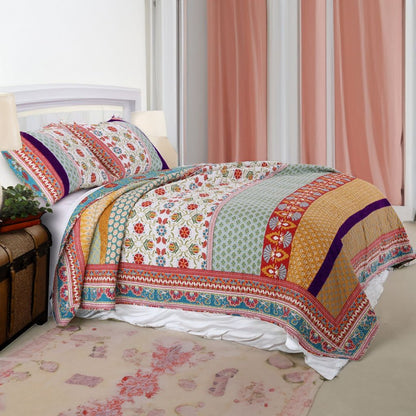 Geometric and Floral Print Twin Size Quilt Set with 1 Sham, Multicolor - View 7