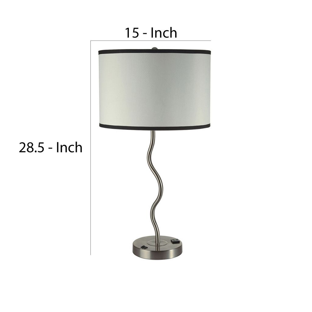 29 Inch Round Drum Shade Table Lamp, Curved Tubular Frame, Silver - View 6