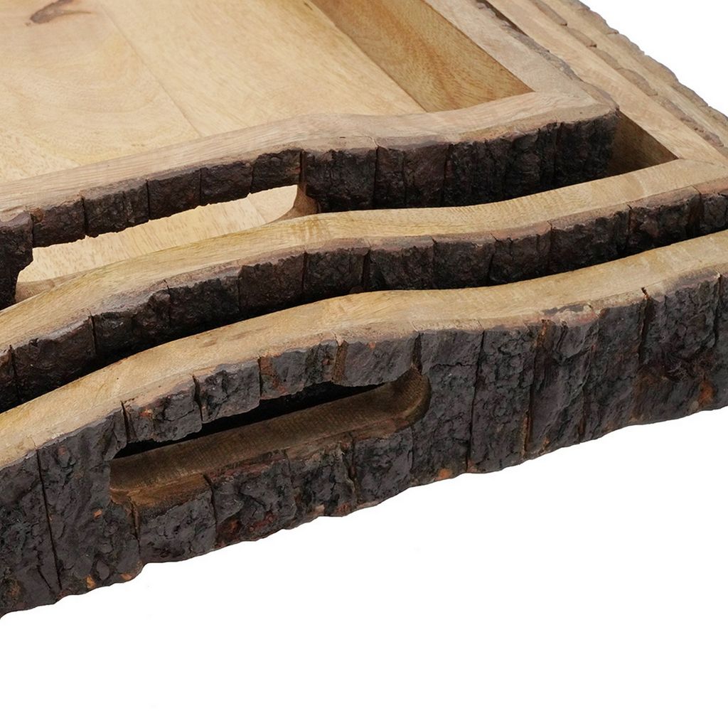 20, 18, 16 Inch Set of 3 Wood Serving Trays, Tree Bark Accent, Natural Brown - View 4