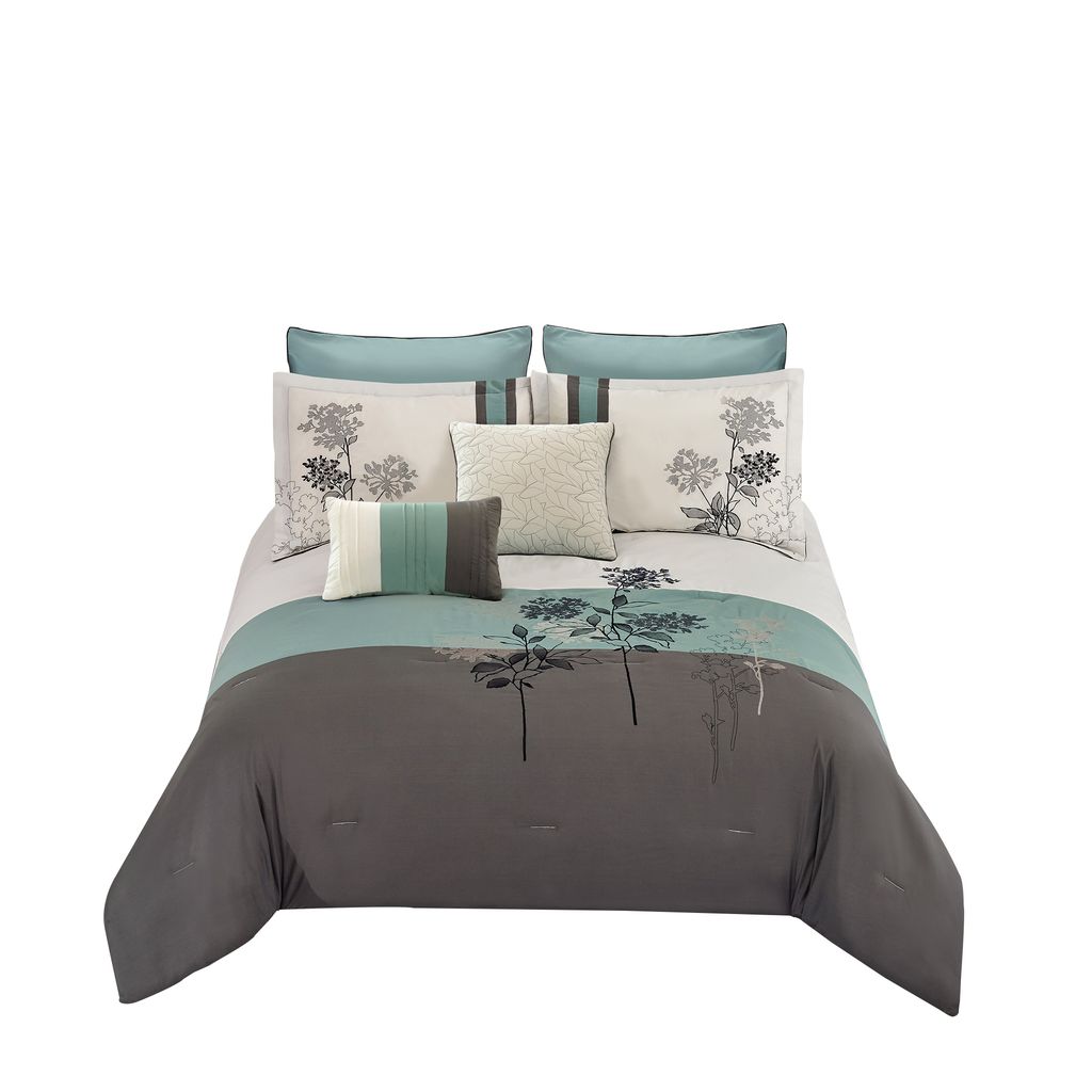 8 Piece King Polyester Comforter Set with Floral Embroidery, Multicolor
