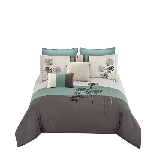 8 Piece King Polyester Comforter Set with Floral Embroidery, Multicolor