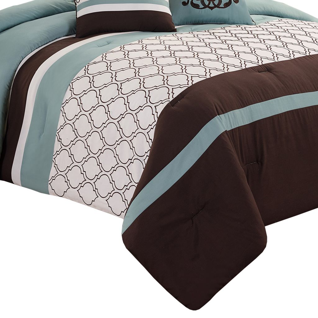Quatrefoil King Size 8 Piece Fabric Comforter Set , Brown and Blue - View 5