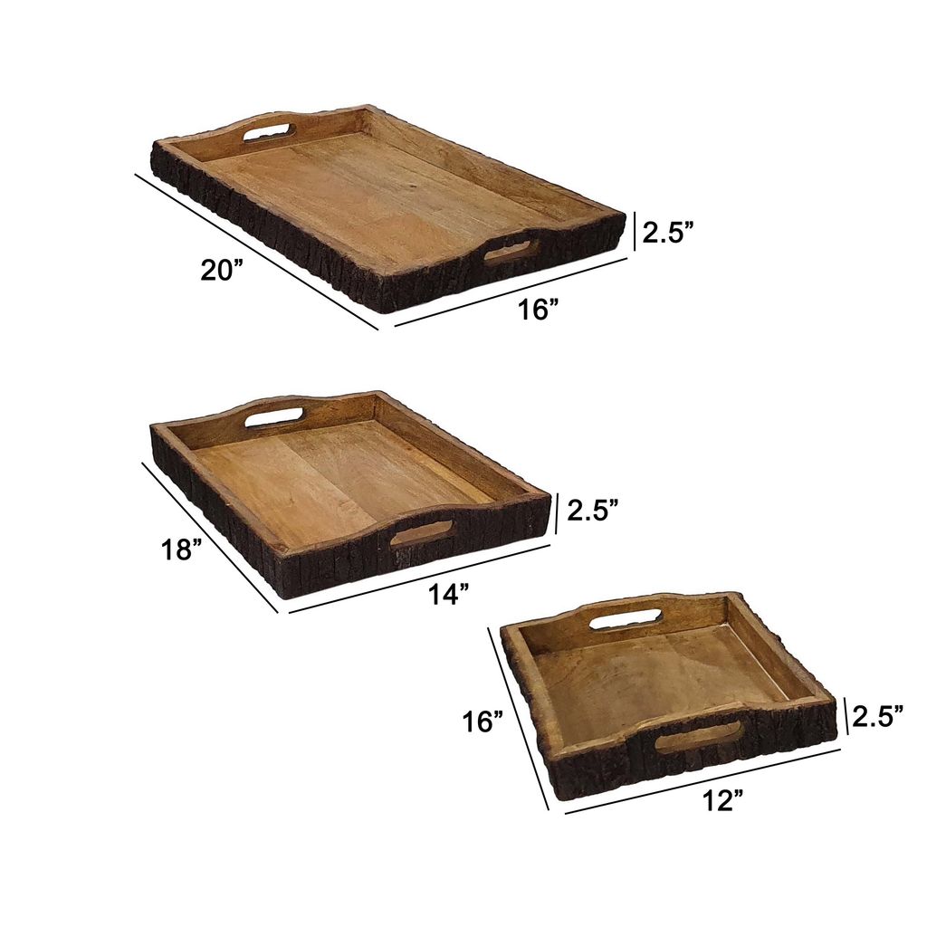20, 18, 16 Inch Set of 3 Wood Serving Trays, Tree Bark Accent, Natural Brown - View 5
