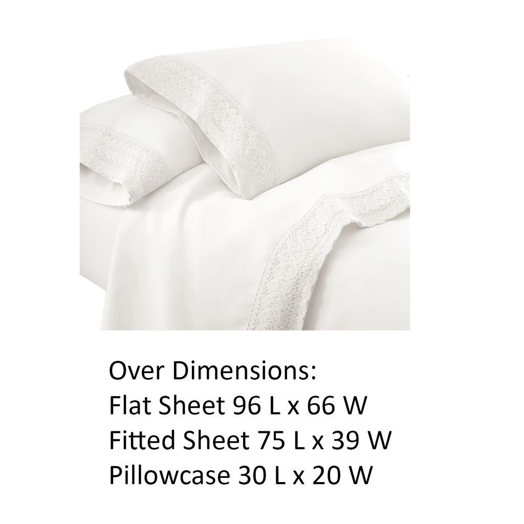 Udine 3 Piece Twin Size Sheet Set with Crochet Lace The Urban Port, White - View 3