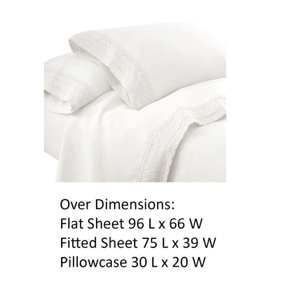 Udine 3 Piece Twin Size Sheet Set with Crochet Lace The Urban Port, White - View 3