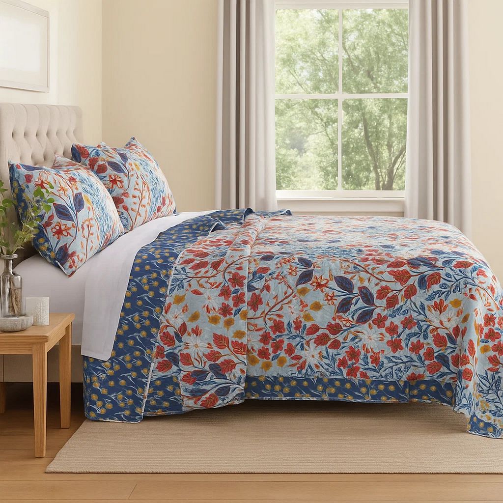 Full Size 3 Piece Polyester Quilt Set with Floral Prints, Multicolor - View 7