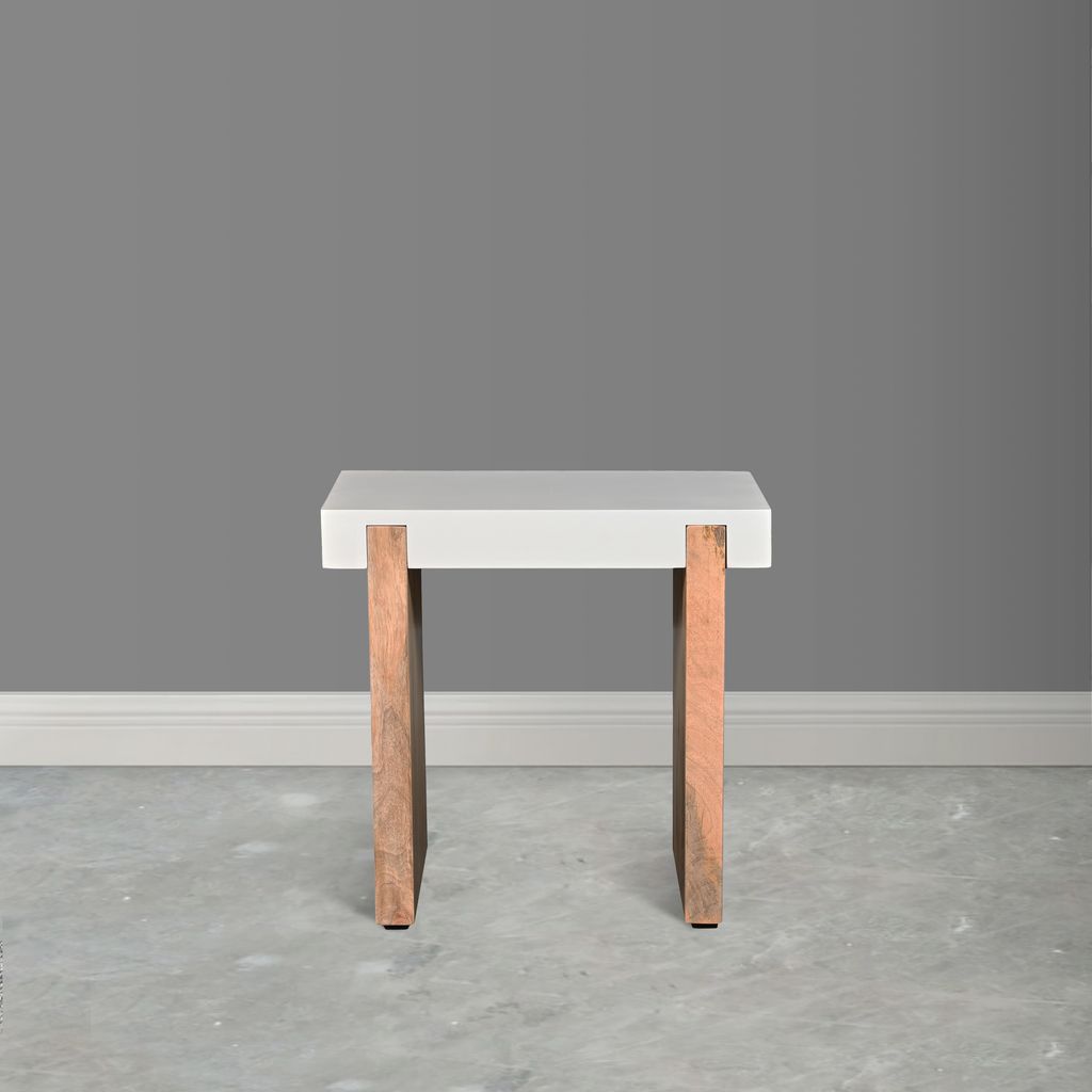 Kerry 20 Inch Rectangular End Side Table, Mango Wood, Sled Base, Glossy White, Natural Brown - View 7