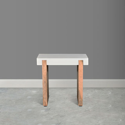 Kerry 20 Inch Rectangular End Side Table, Mango Wood, Sled Base, Glossy White, Natural Brown - View 7