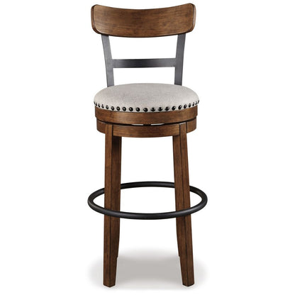 Zane 30 Inch Swivel Barstool, Round Cushioned Seat, Rich Brown Wood Frame - View 2