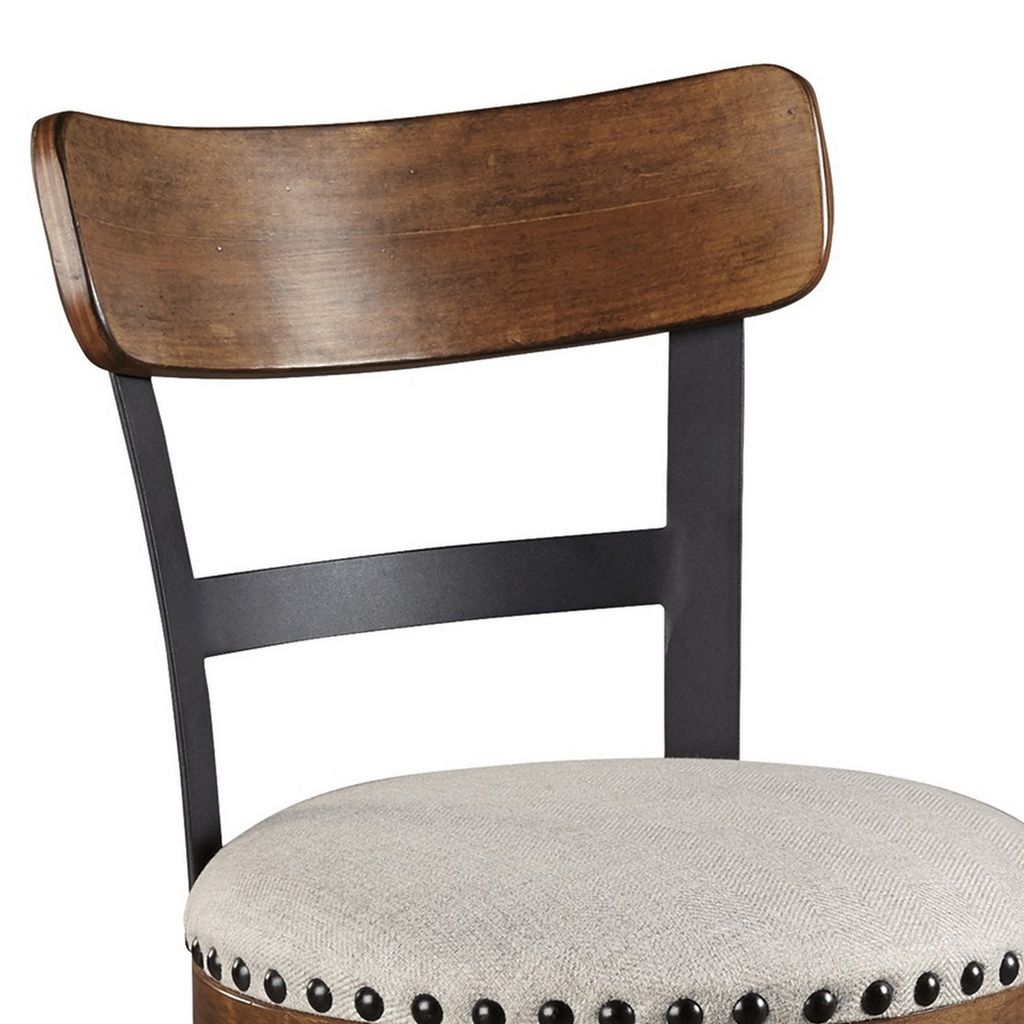 Zane 25 Inch Swivel Counter Height Stool, Round Cushioned Seat, Brown Wood - View 3