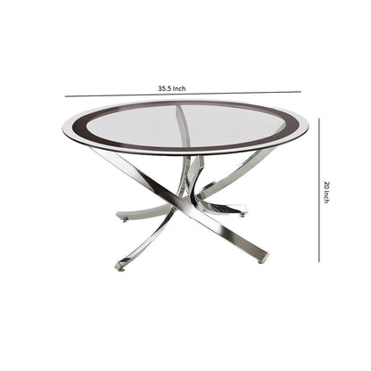 Round Tempered Glass Top Coffee Table with Metal Legs, Silver and Clear - View 5