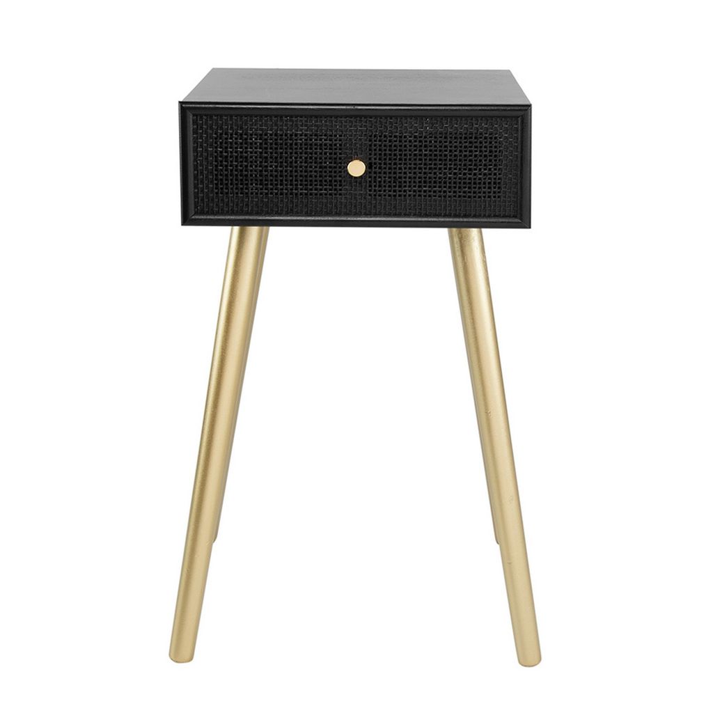 Gaia 28 Inch Pine Wood Side End Table, Gliding Rattan Drawer, Black, Gold - View 2
