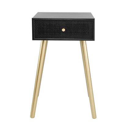 Gaia 28 Inch Pine Wood Side End Table, Gliding Rattan Drawer, Black, Gold - View 2