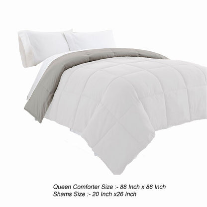 Beth Reversible Microfiber Queen Comforter, Squared Stitching, White, Gray - View 6