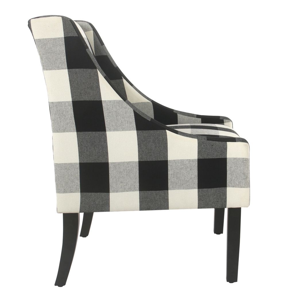 Fabric Upholstered Wooden Accent Chair with Buffalo Plaid Pattern, Black and White - View 3