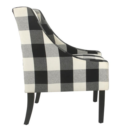 Fabric Upholstered Wooden Accent Chair with Buffalo Plaid Pattern, Black and White - View 3