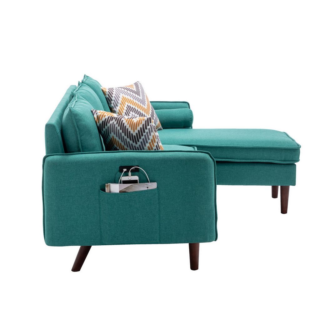 Ranon 70 Inch Sectional Chaise Sofa, Pillows, USB Ports, Side Pockets, Teal - View 3