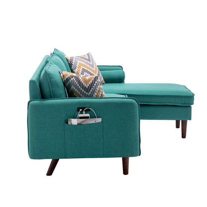 Ranon 70 Inch Sectional Chaise Sofa, Pillows, USB Ports, Side Pockets, Teal - View 3