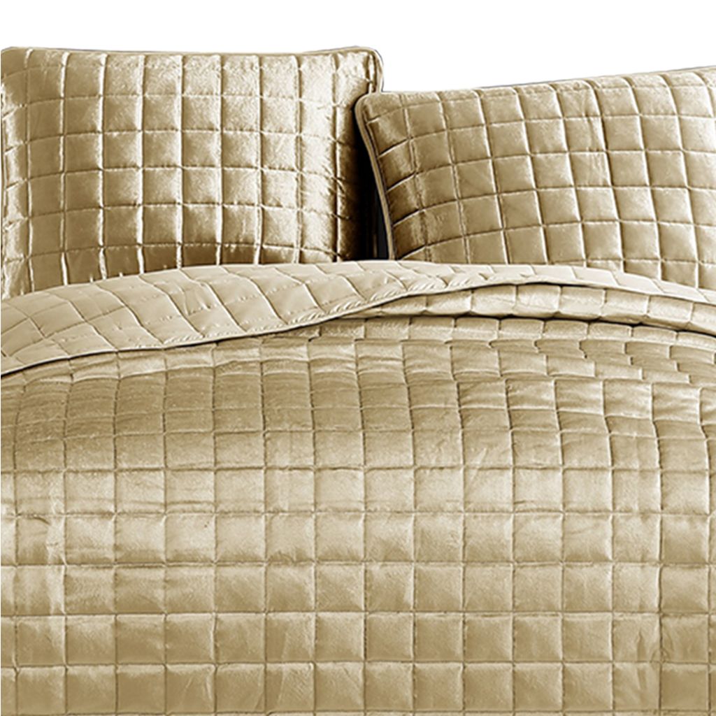 3 Piece Queen Size Coverlet Set with Stitched Square Pattern, Gold - View 2