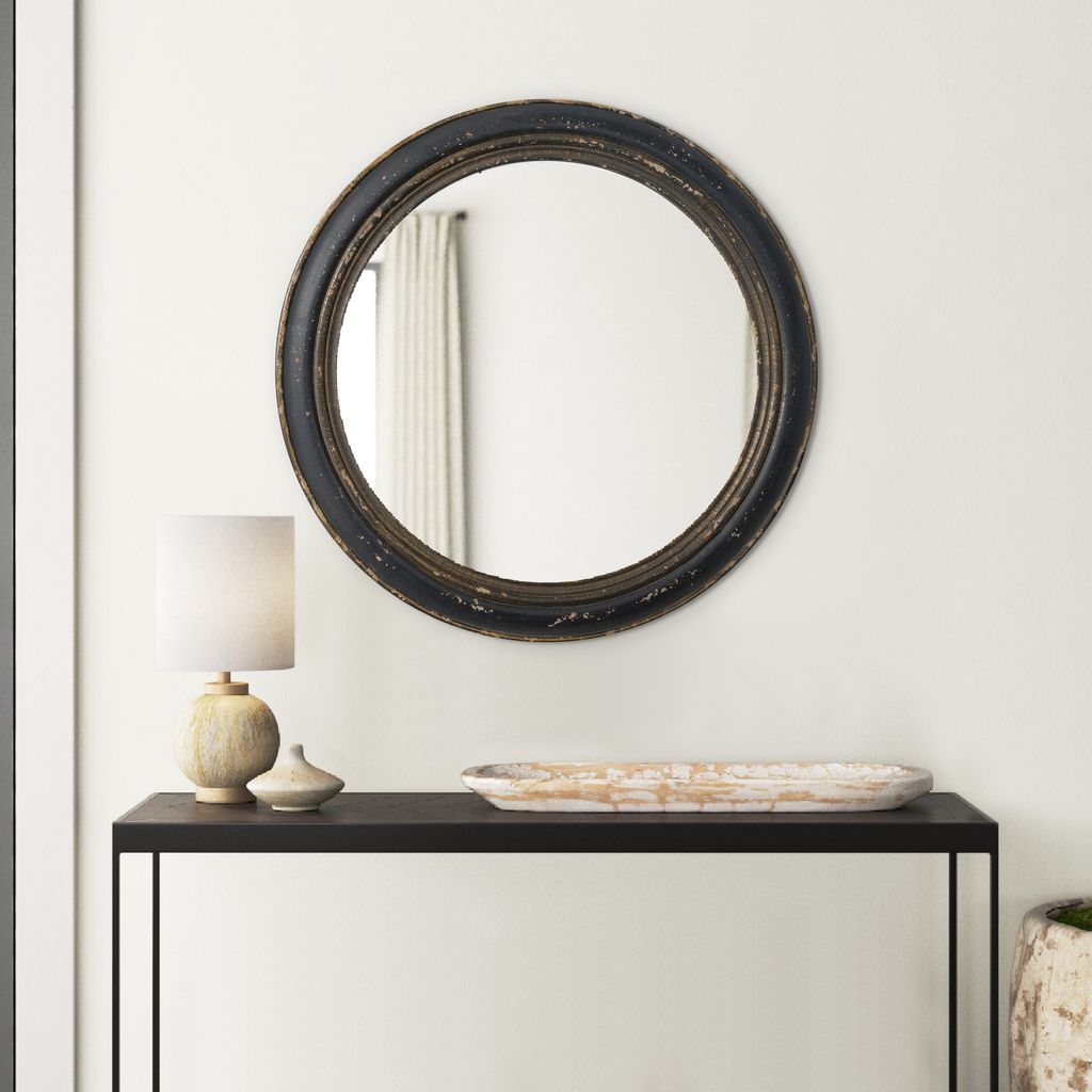 24 Inch Round Wall Mount Mirror, Molded Trim Wood Frame, Distressed Brown - View 6