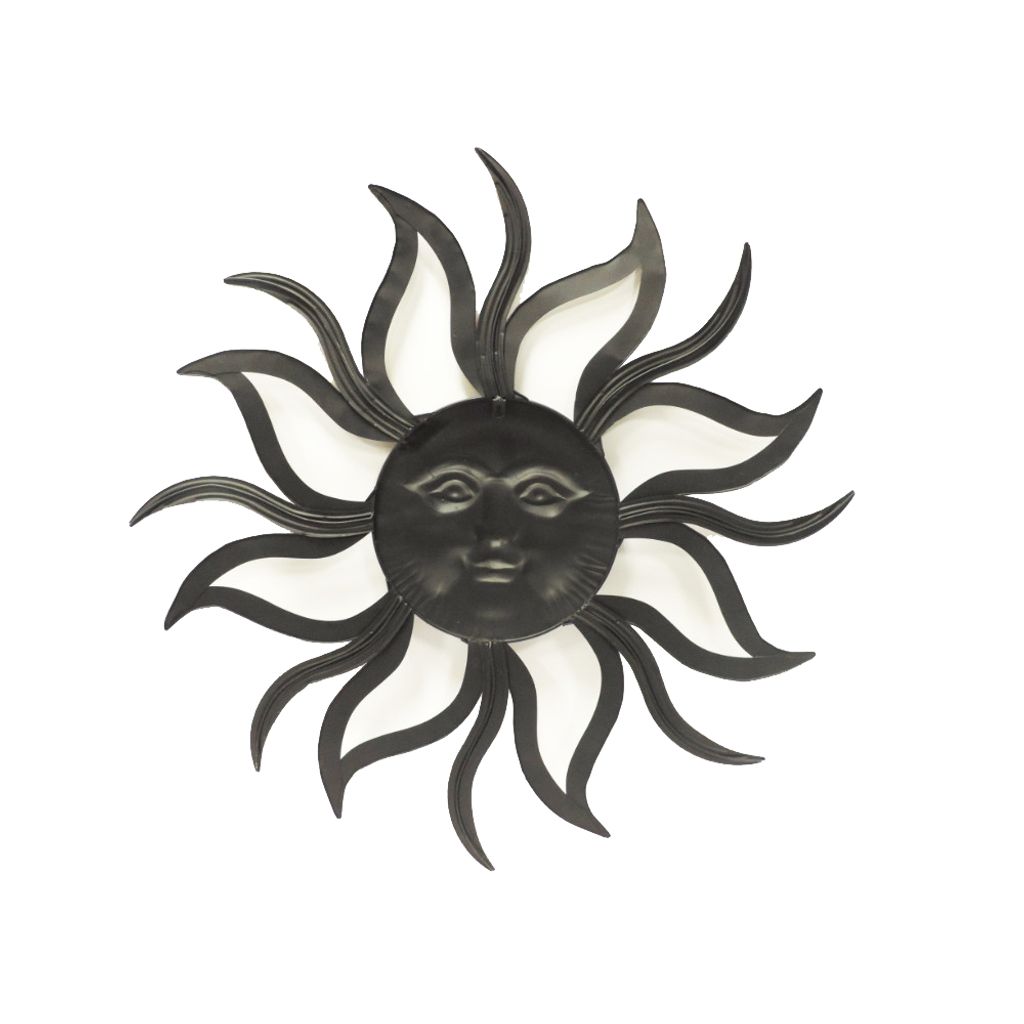 35 Inch Round Wall Mounted Sun Face Accent Decor, Carved Rustic Gold and Black Metal - View 5