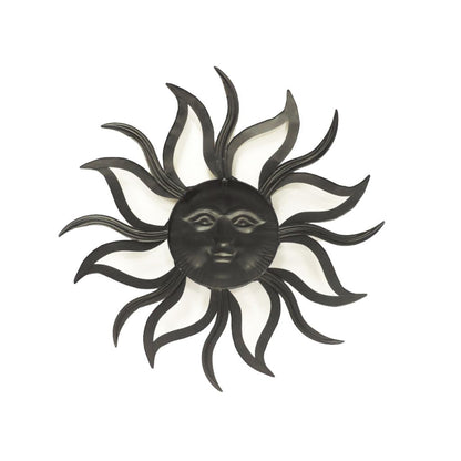 35 Inch Round Wall Mounted Sun Face Accent Decor, Carved Rustic Gold and Black Metal - View 5
