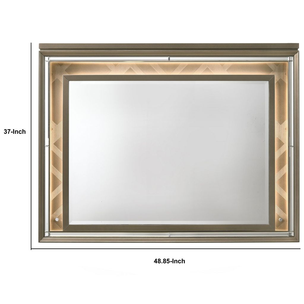 Contemporary Wall Mirror with LED and Accent Details, Gold and Brown - View 6