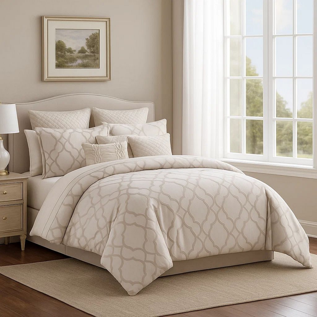 9pc Queen Size Comforter Set with Quatrefoil Prints, White Polyester - View 7