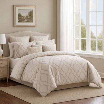 9pc Queen Size Comforter Set with Quatrefoil Prints, White Polyester - View 7
