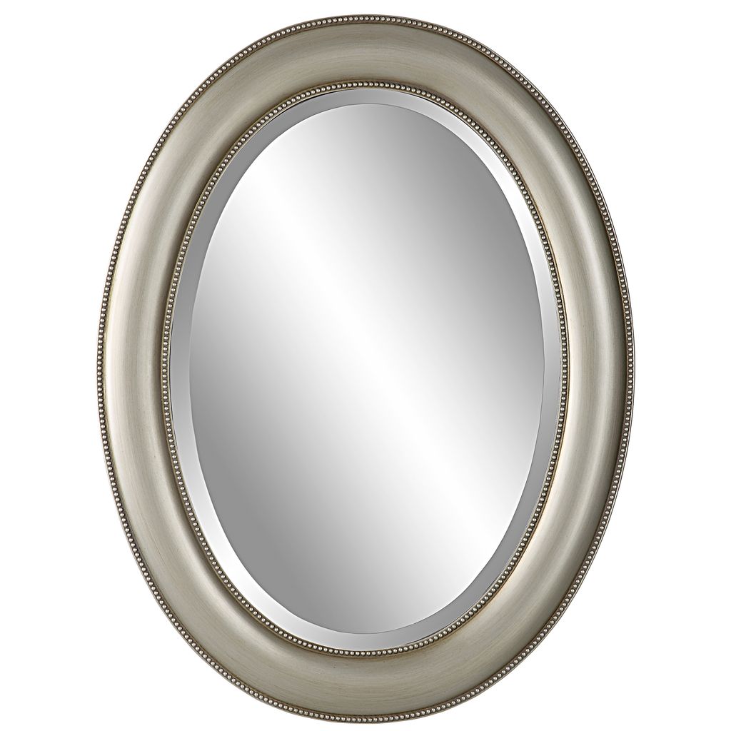29 Inch Wood Wall Mirror, Beaded Oval Shape, Metallic Silver - View 3