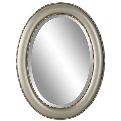 29 Inch Wood Wall Mirror, Beaded Oval Shape, Metallic Silver - View 3