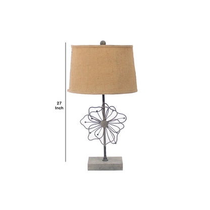 Metal Table Lamp Set of 2 with Flower Accent and Block Base,Beige and Gray - View 6