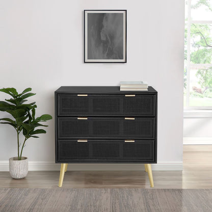 31 Inch Dresser Chest Cabinet, 3 Drawers, Woven Rattan, Modern, Black, Gold - View 7